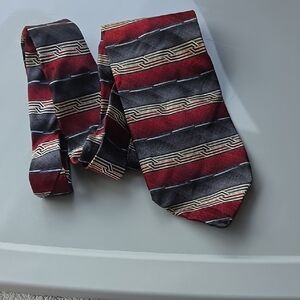 (J28) Classic Red and Gray Striped Tie with Gold Accents